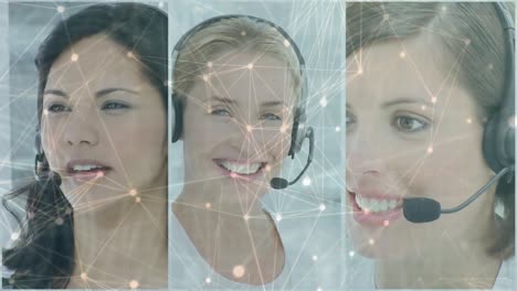 Animation-Des-Netzwerks-Von-Verbindungen-über-Fotos-Von-Geschäftsfrauen,-Die-Telefon-Headsets-Verwenden