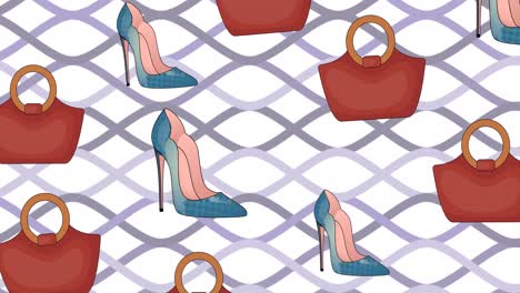 Animation-of-high-heels-and-handbag-repeated-on-white-background