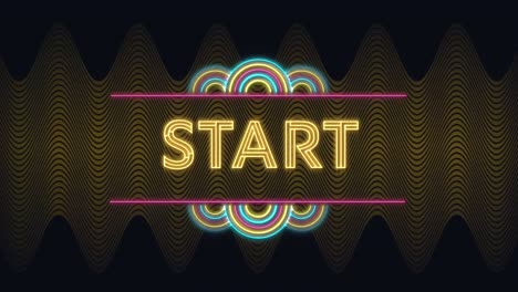 Animation-of-text,-start,-in-yellow-neon,-over-wavy-lines-moving-on-dark-background