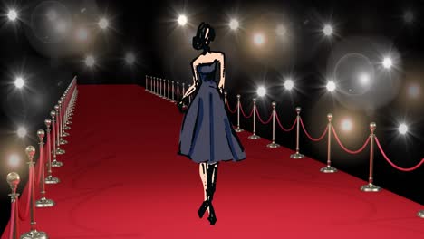 Animation-of-drawing-of-model-on-red-carpet-at-fashion-show,-on-black-background