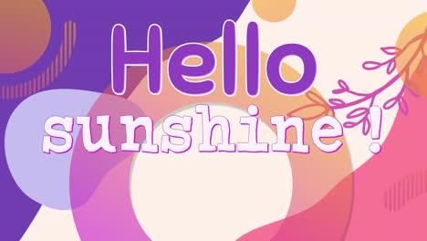 Animation-of-text,-hello-sunshine,-in-purple-and-white,-with-colourful-organic-shapes
