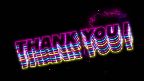 Animation-of-colourful-text,-thank-you,-with-red-light-trails-and-purple-dots,-on-black-background