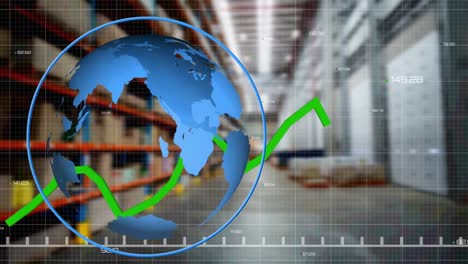 Animation-of-globe-and-green-line-over-warehouse