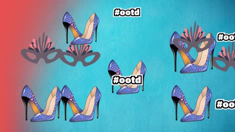 Animation-of-ootd-text-high-heels-and-carnival-mask-repeated-on-blue-background
