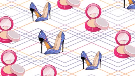 Animation-of-high-heels-and-powder-repeated-on-white-background