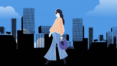 Animation-Einer-Modezeichnung-Eines-Models-über-Einer-Stadtlandschaft-Auf-Blauem-Hintergrund