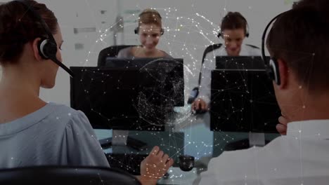 Animation-of-network-of-connections-with-globe-over-business-people-using-phone-headsets