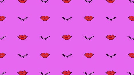 Animation-of-lips-and-eyelashes-repeated-on-pink-background