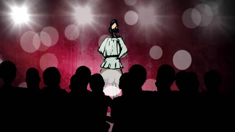 Animation-of-fashion-drawing-of-model-on-catwalk-at-fashion-show,-on-red-background
