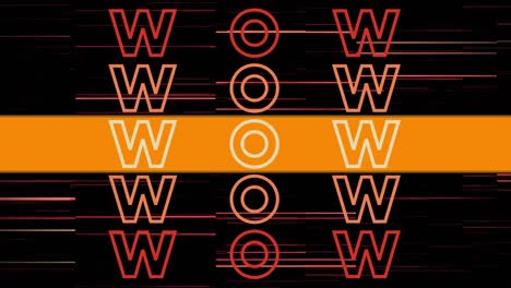 Animation-of-text,-wow,-in-orange,-with-orange-and-red-lines-on-black-background