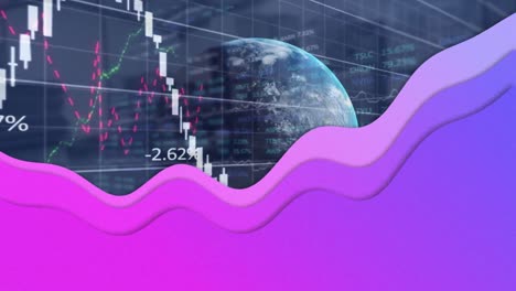 Animation-of-globe,-statistics-and-financial-data-processing-with-purple-wave