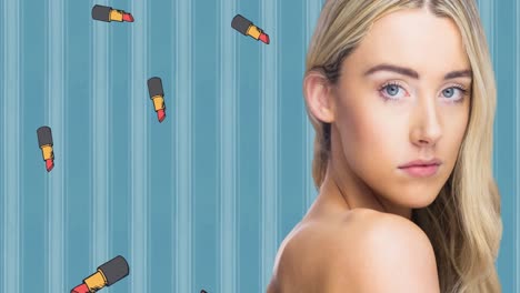 Animation-of-lipsticks-repeated-with-woman-on-blue-background