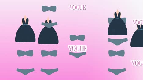 Animation-of-vogue-text-dress-and-underwear-repeated-on-pink-background