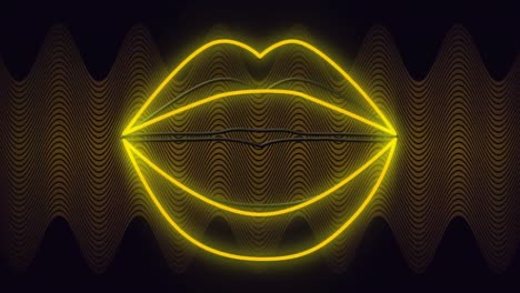 Animation-of-yellow-neon-of-lips-opening,-on-dark-background