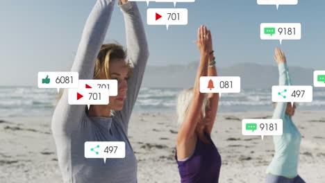 Animation-of-social-media-notifications,-over-women-doing-yoga-on-beach