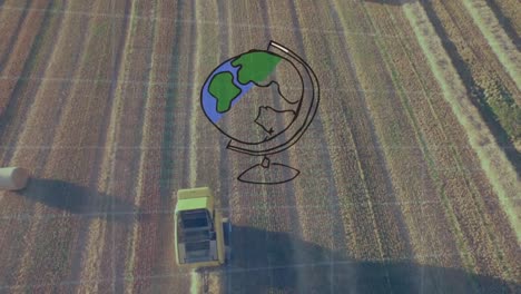 Animation-of-globe-over-combine-in-agriculture-field