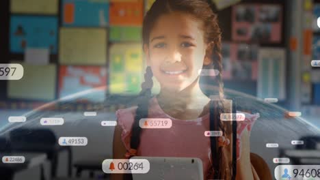 Animation-Von-Social-Media-Symbolen-über-Einem-Schulmädchen,-Das-Ein-Tablet-Verwendet