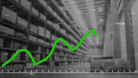 Animation-of-statistics-with-green-line-financial-data-processing-over-warehouse