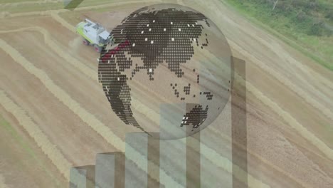 Animation-Der-Globus--Und-Finanzdatenverarbeitung-über-Mähdrescher-Im-Agrarbereich