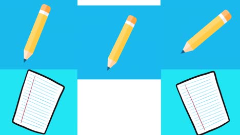 Animation-Blauer-Rechtecke-Mit-Bleistiften-Und-Notizbüchern,-Die-Sich-Auf-Weißem-Hintergrund-Bewegen
