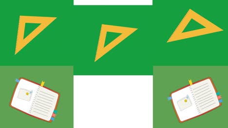 Animación-De-Rectángulos-Verdes-Con-Escuadra-Y-Cuadernos-Moviéndose-Sobre-Fondo-Blanco
