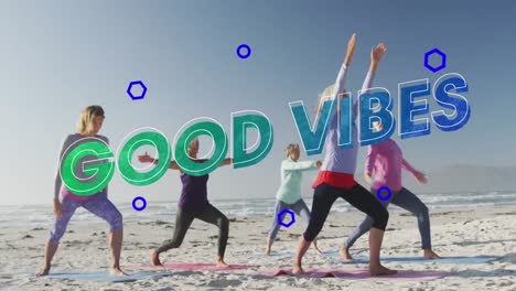 Animation-of-text-good-vibes,-in-blue-and-green,-with-women-doing-yoga-on-beach