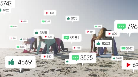Animation-Von-Social-Media-Benachrichtigungen-über-Frauen,-Die-Am-Strand-Yoga-Machen