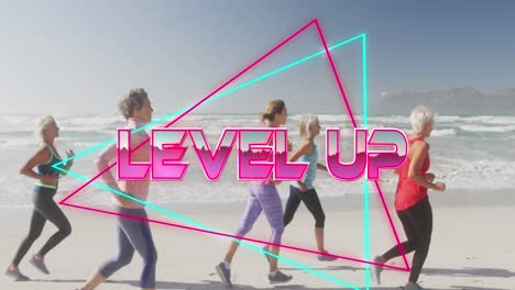 Animation-of-text-level-up,-in-shiny-pink,-with-women-running-on-beach