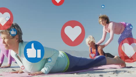 Animation-of-social-media-icons-over-senior-women-exercising