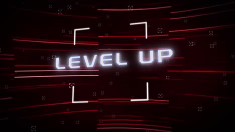 Animation-of-text,-level-up,-in-white,-with-scope-and-red-and-pink-lines-on-black-background