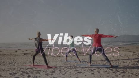 Animation-of-text-vibes,-in-white,-with-women-doing-yoga-on-beach