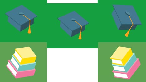Animation-of-green-rectangles-with-graduation-hats-and-notebooks-moving-on-white-background