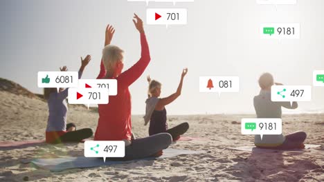 Animation-of-social-media-notifications,-over-women-doing-yoga-on-beach