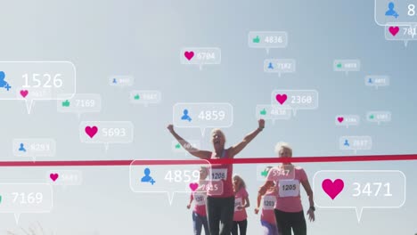 Animation-of-social-media-notifications,-over-female-runners-finishing-race