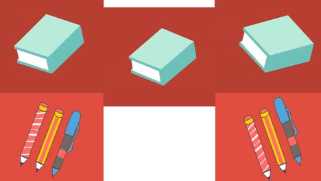 Animation-of-red-rectangles-with-pens-and-blue-books-moving-on-white-background