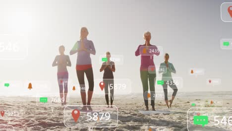 Animation-of-social-media-notifications,-over-women-exercising-on-beach