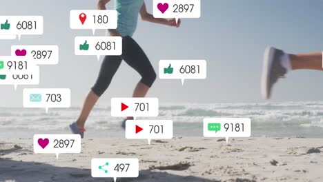 Animation-of-social-media-notifications,-over-women-running-on-beach