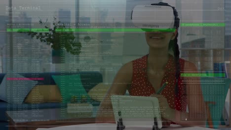 Animation-of-data-processing-on-screen-with-glitch-and-woman-using-vr-headset