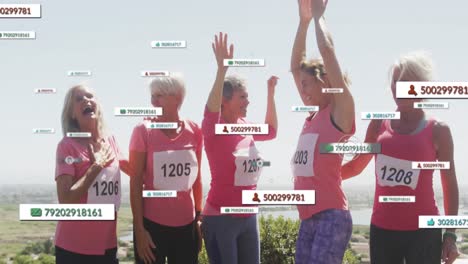 Animation-of-social-media-notifications,-over-female-runners-celebrating-after-race