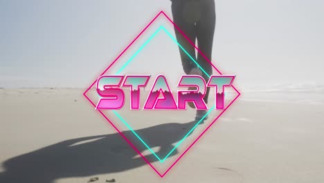 Animation-of-text-start,-in-shiny-pink,-with-woman-running-on-beach