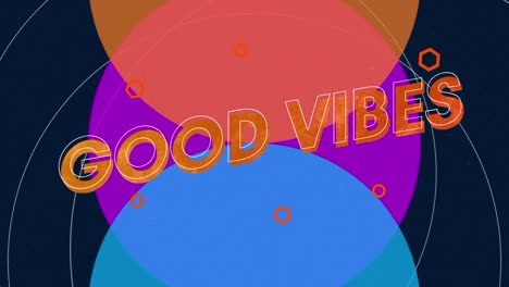 Animation-of-text-good-vibes,-in-orange,-over-three-coloured-circles,-on-black