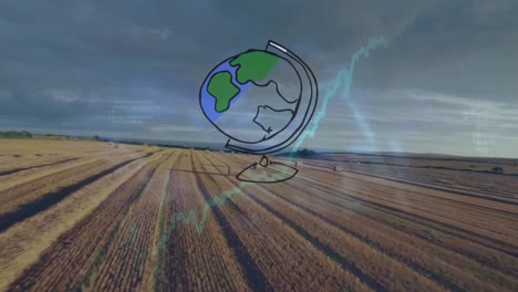 Animation-of-globe-and-financial-data-processing-over-agriculture-field