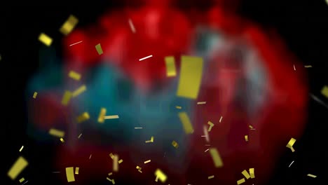 Animation-of-gold-confetti-floating-over-out-of-focus-red-and-black-background