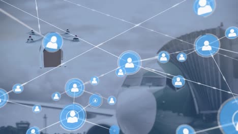 Animation-of-network-of-connections-over-drone-with-parcel-over-airport