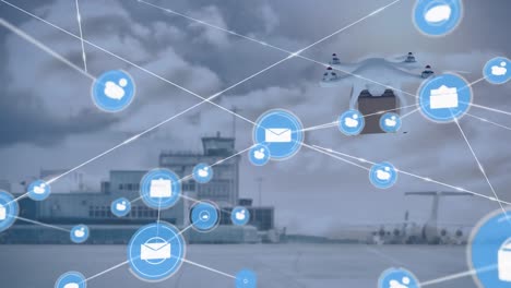 Animation-Des-Verbindungsnetzes-über-Drohne-Mit-Paket-über-Flughafen