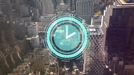 Animation-of-clock-moving-fast-over-cityscape