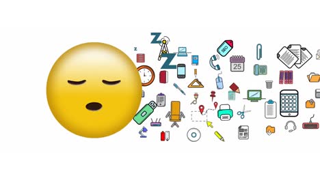 Animation-Von-Emoji-Symbolen-Mit-Schlafendem-Gesicht-Und-Bürogeräten-Auf-Weißem-Hintergrund