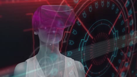 Animation-Des-Scope-Scannens-Mit-Glitch-Und-Einer-Frau,-Die-Ein-VR-Headset-Verwendet