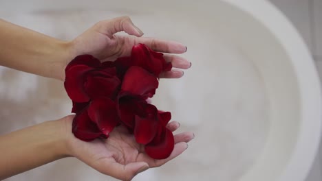 Mid-section-of-mixed-race-woman-taking-a-bath-with-rose-petals