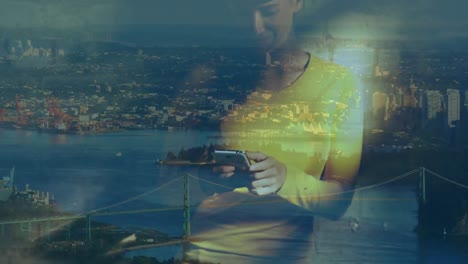 Animation-of-woman-using-smartphone-over-cityscape